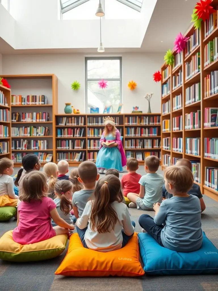A photograph of children enthusiastically participating in a storytelling session at the Beneventine Municipal Library, with a librarian dressed as a character from a popular children's book.