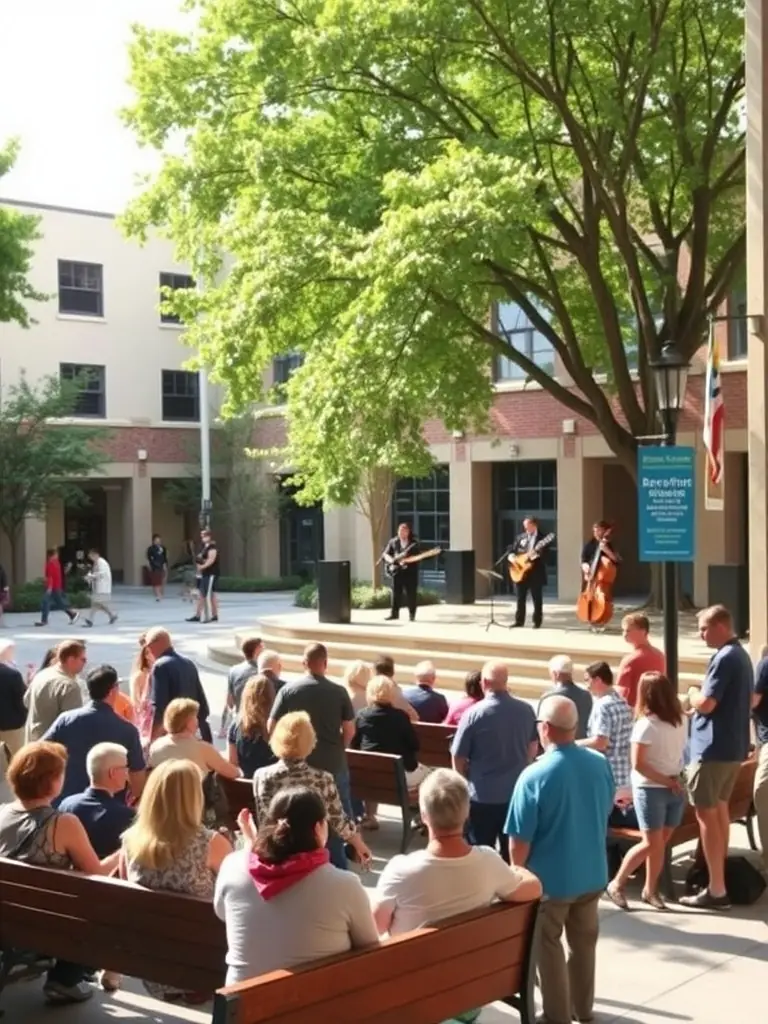 A community event at the Beneventine Municipal Library, featuring local artists and musicians, with attendees enjoying the performances.