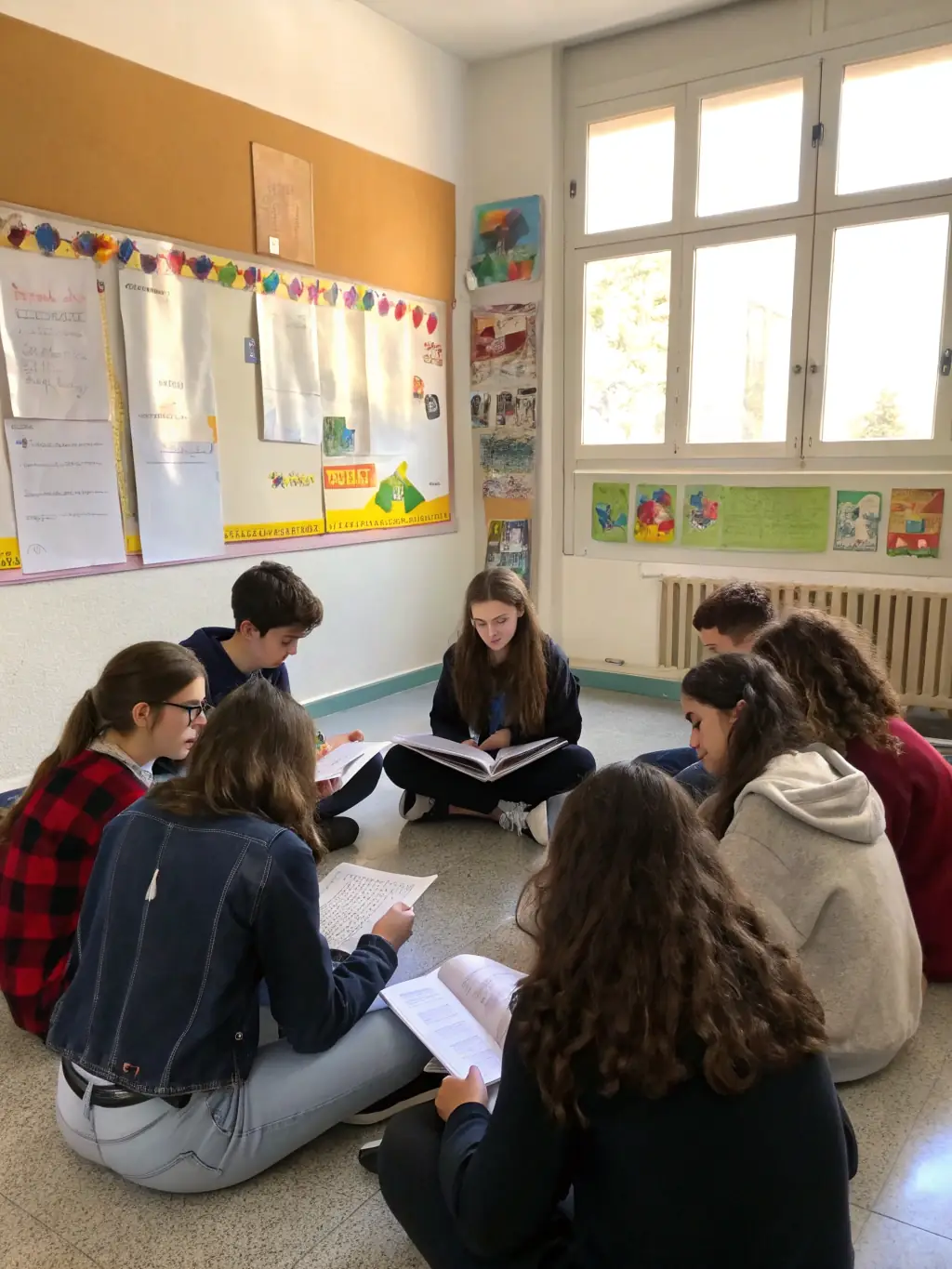 A diverse group of adults attending a French language workshop at the Beneventine Municipal Library, focusing on conversational skills.