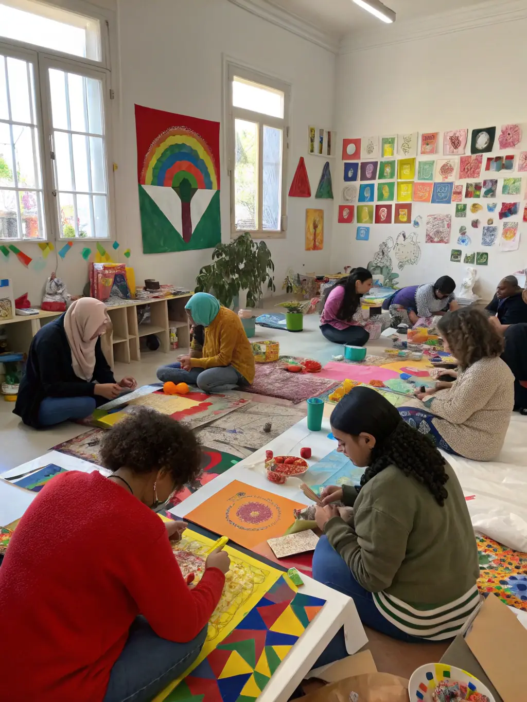 A photograph capturing a local artist leading a painting workshop at the Beneventine Municipal Library, with participants creating their own artwork.
