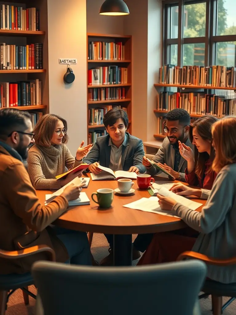 A photograph capturing a lively book club meeting at the Beneventine Municipal Library, showcasing diverse participants engaged in a discussion around a table filled with books.