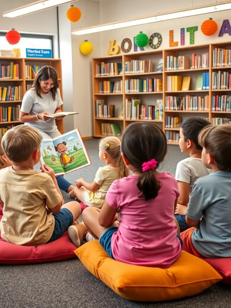 A group of children participating in a storytelling session at the Beneventine Municipal Library, with a librarian reading aloud from a colorful picture book.