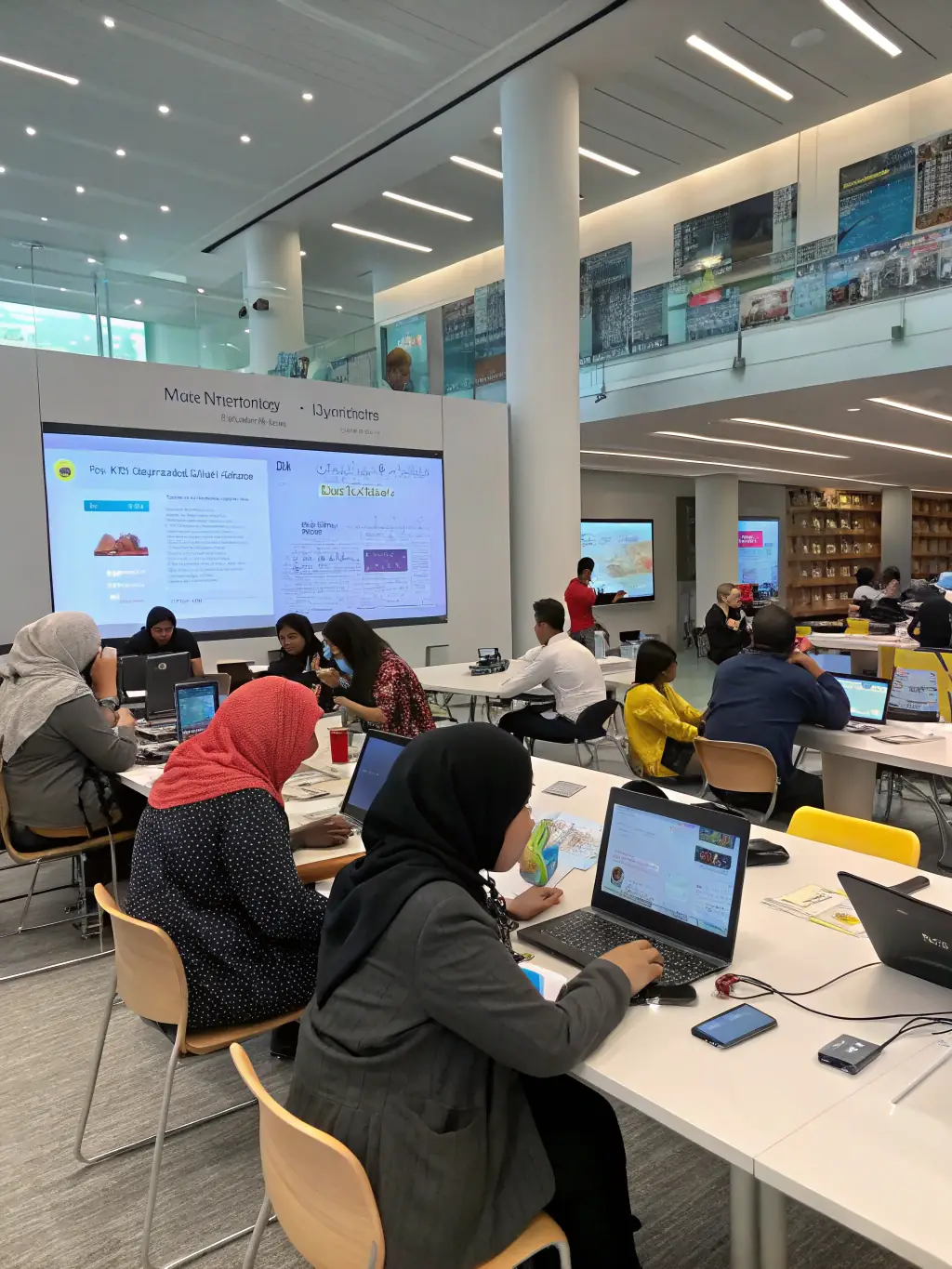 Seniors participating in a digital literacy class at the Beneventine Municipal Library, learning how to use tablets and computers.