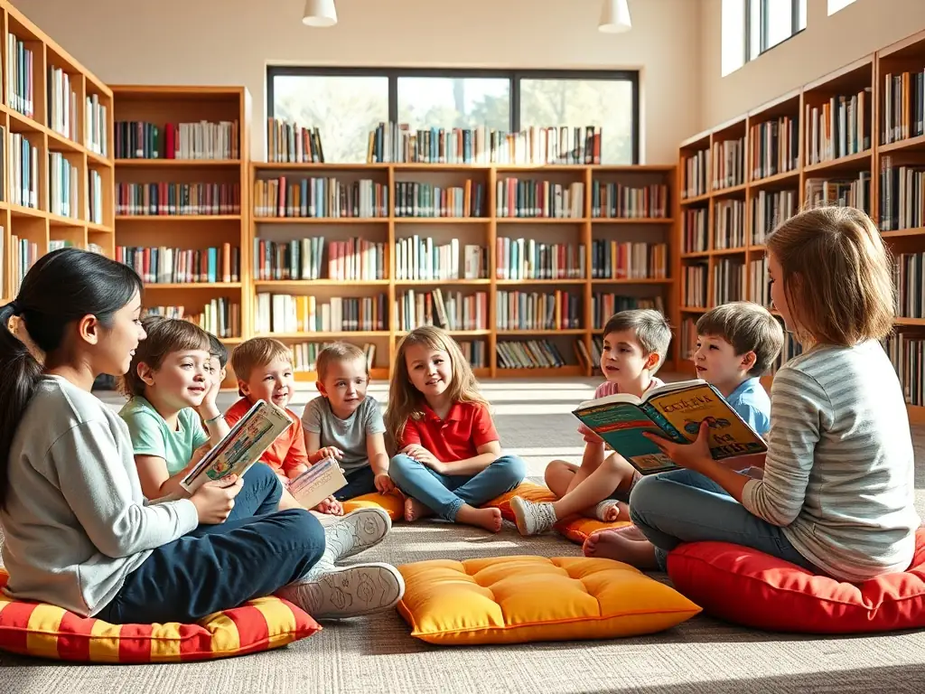 A vibrant image depicting children participating in a storytelling session at the Beneventine Municipal Library, with a librarian reading aloud and the children listening attentively.