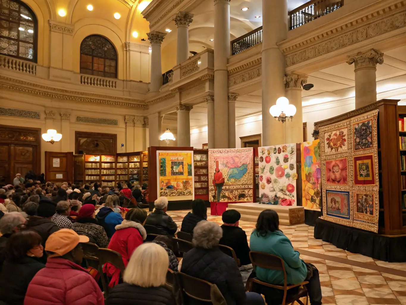 An image capturing a community event at the Beneventine Municipal Library, featuring local artists and residents enjoying a cultural exhibition.